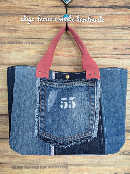 デニムリメイクラウンド　 ハンドフリンジトート
