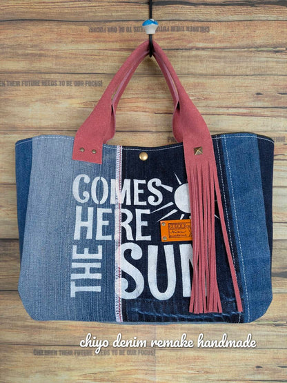 デニムリメイクラウンド　 ハンドフリンジトート