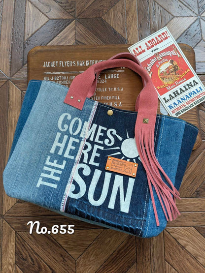 デニムリメイクラウンド　 ハンドフリンジトート