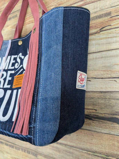 デニムリメイクラウンド　 ハンドフリンジトート